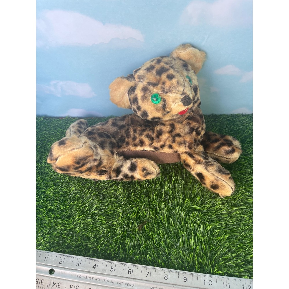 Vintage Mohair Leopard Plush Stuffed Animal Green Eyes Reclining Spotted 12 Inch